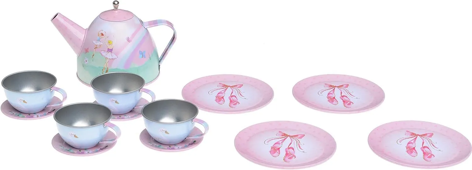 Jewelkeeper Tea Set for Little Girls - 15-Piece Tin Tea Party Set with Ballerina Design - Pretend Play Toy with Carrying Case - Ideal Gift for Kids, Includes Teapot, Cups, Saucers, Plates and Tray