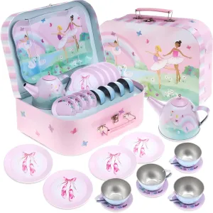 Jewelkeeper Tea Set for Little Girls - 15-Piece Tin Tea Party Set with Ballerina Design - Pretend Play Toy with Carrying Case - Ideal Gift for Kids, Includes Teapot, Cups, Saucers, Plates and Tray