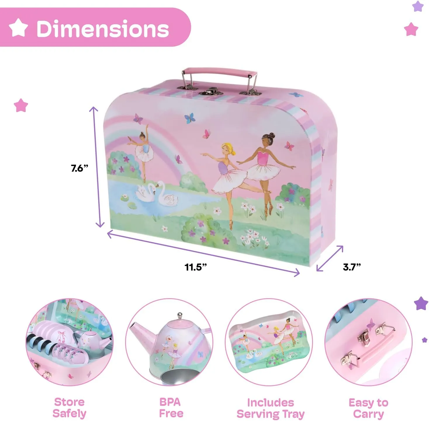 Jewelkeeper Tea Set for Little Girls - 15-Piece Tin Tea Party Set with Ballerina Design - Pretend Play Toy with Carrying Case - Ideal Gift for Kids, Includes Teapot, Cups, Saucers, Plates and Tray