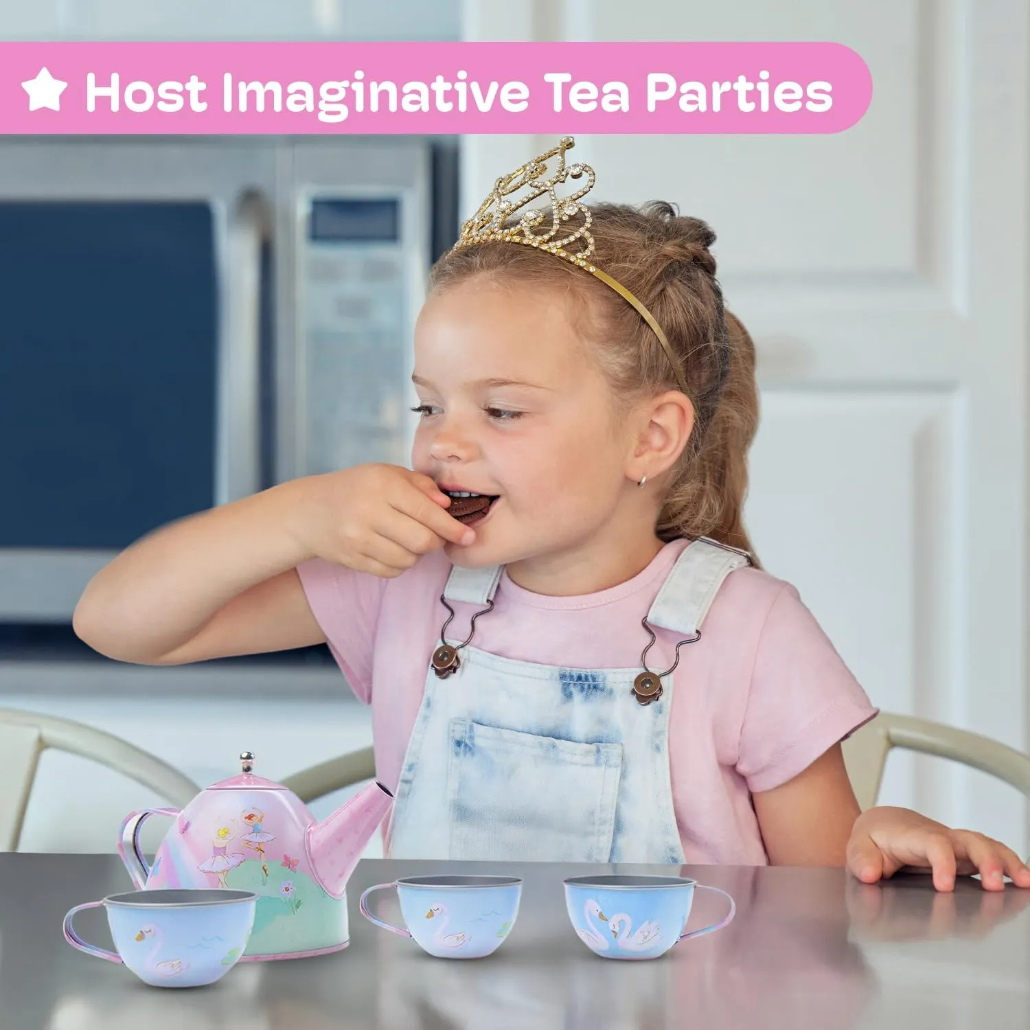 Jewelkeeper Tea Set for Little Girls - 15-Piece Tin Tea Party Set with Ballerina Design - Pretend Play Toy with Carrying Case - Ideal Gift for Kids, Includes Teapot, Cups, Saucers, Plates and Tray