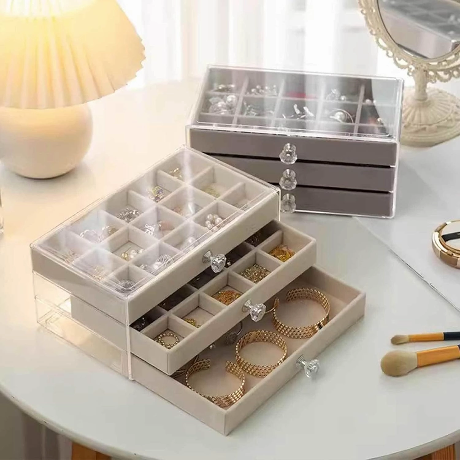 Jewelry Box, Jewelry Box with 3 Drawers 3 Layers Clear Plastic Jewelry Case with Velvet Lining for Women Portable Jewellery Storage Holder Display for Ring Earrings Necklace Bracelet Bangle Watch Gre