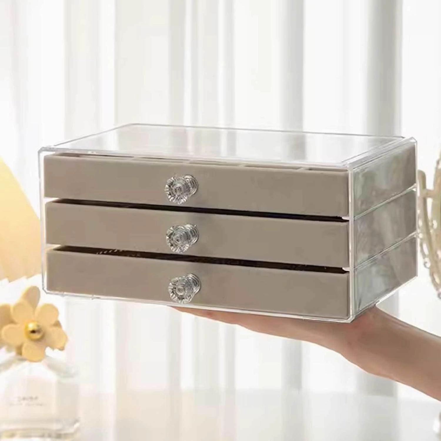 Jewelry Box, Jewelry Box with 3 Drawers 3 Layers Clear Plastic Jewelry Case with Velvet Lining for Women Portable Jewellery Storage Holder Display for Ring Earrings Necklace Bracelet Bangle Watch Gre