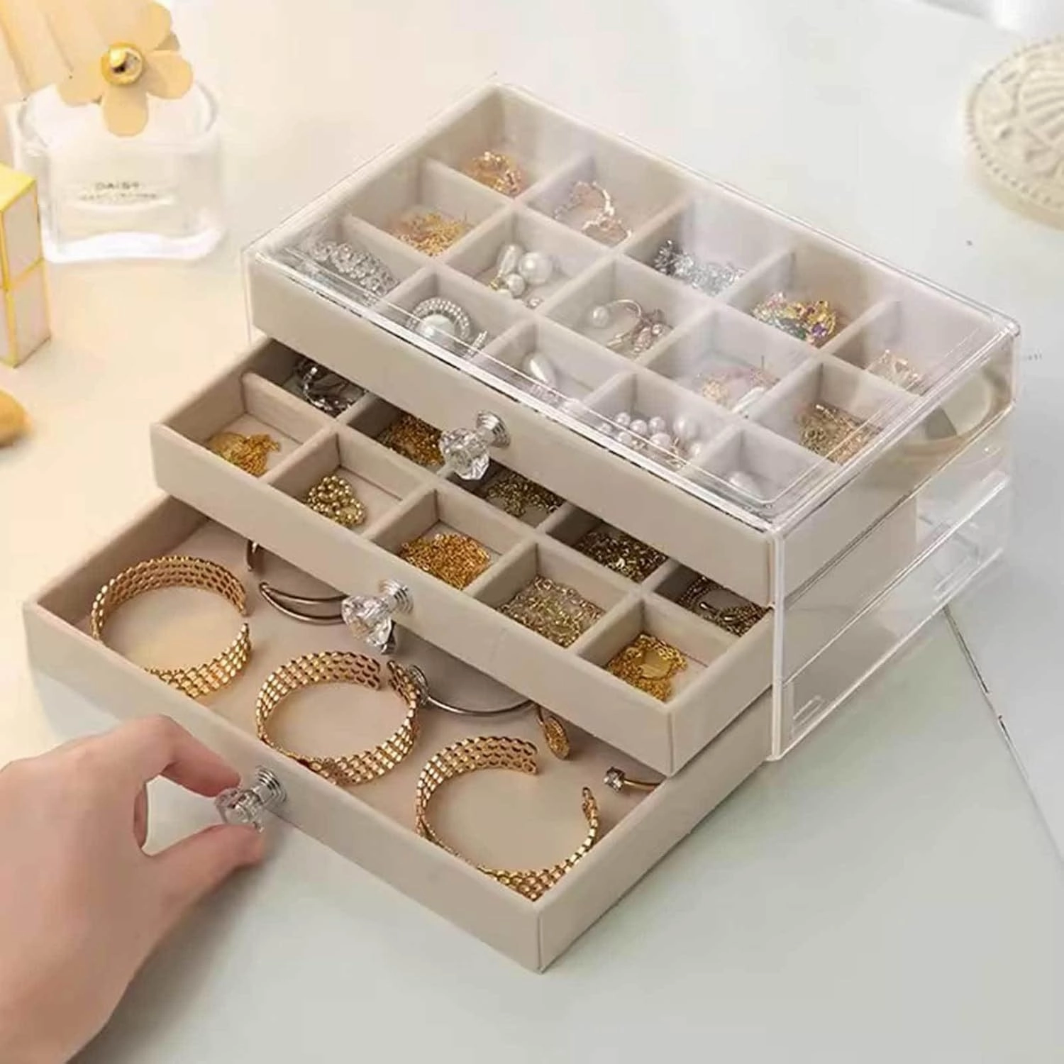 Jewelry Box, Jewelry Box with 3 Drawers 3 Layers Clear Plastic Jewelry Case with Velvet Lining for Women Portable Jewellery Storage Holder Display for Ring Earrings Necklace Bracelet Bangle Watch Gre