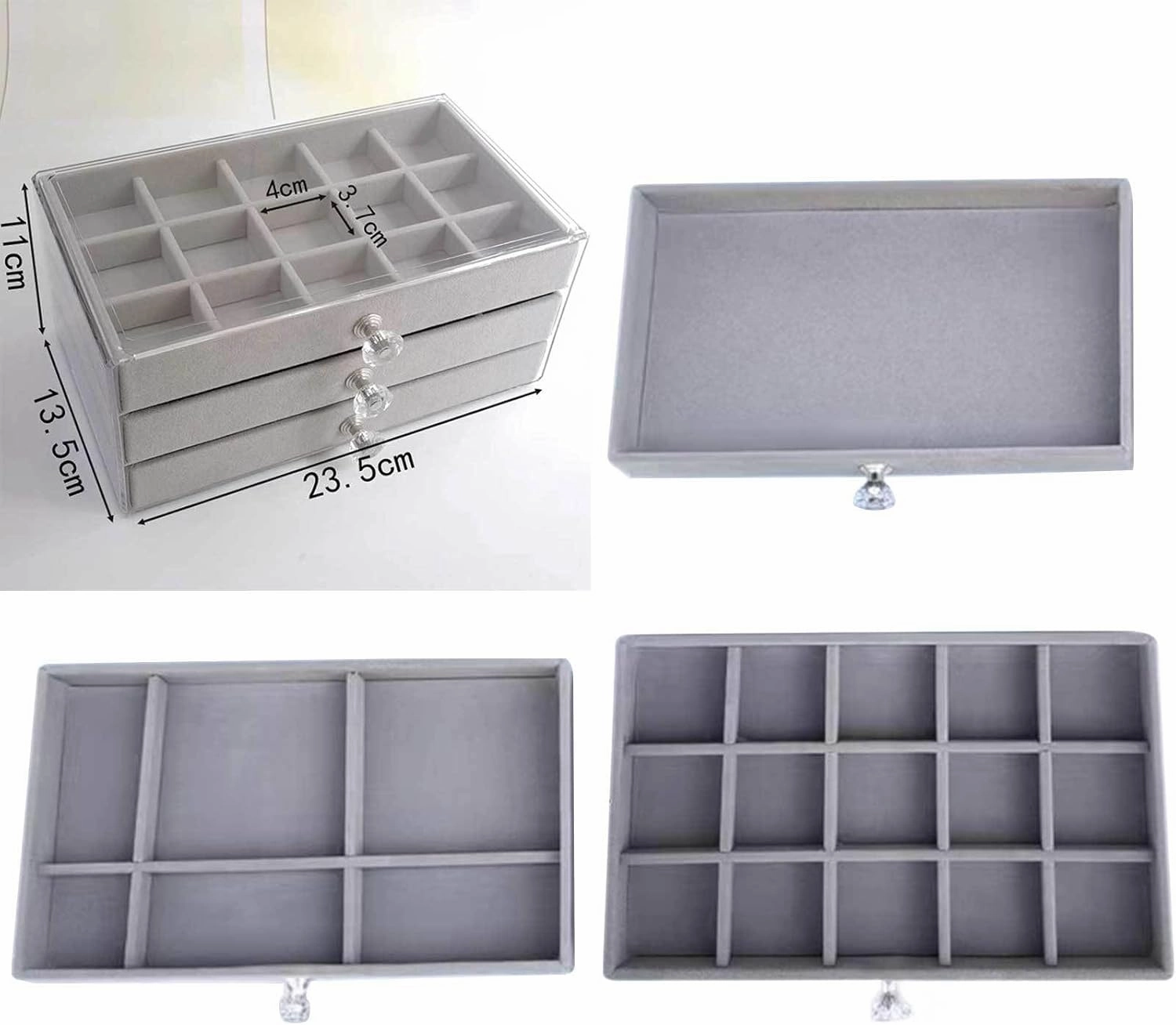 Jewelry Box, Jewelry Box with 3 Drawers 3 Layers Clear Plastic Jewelry Case with Velvet Lining for Women Portable Jewellery Storage Holder Display for Ring Earrings Necklace Bracelet Bangle Watch Gre