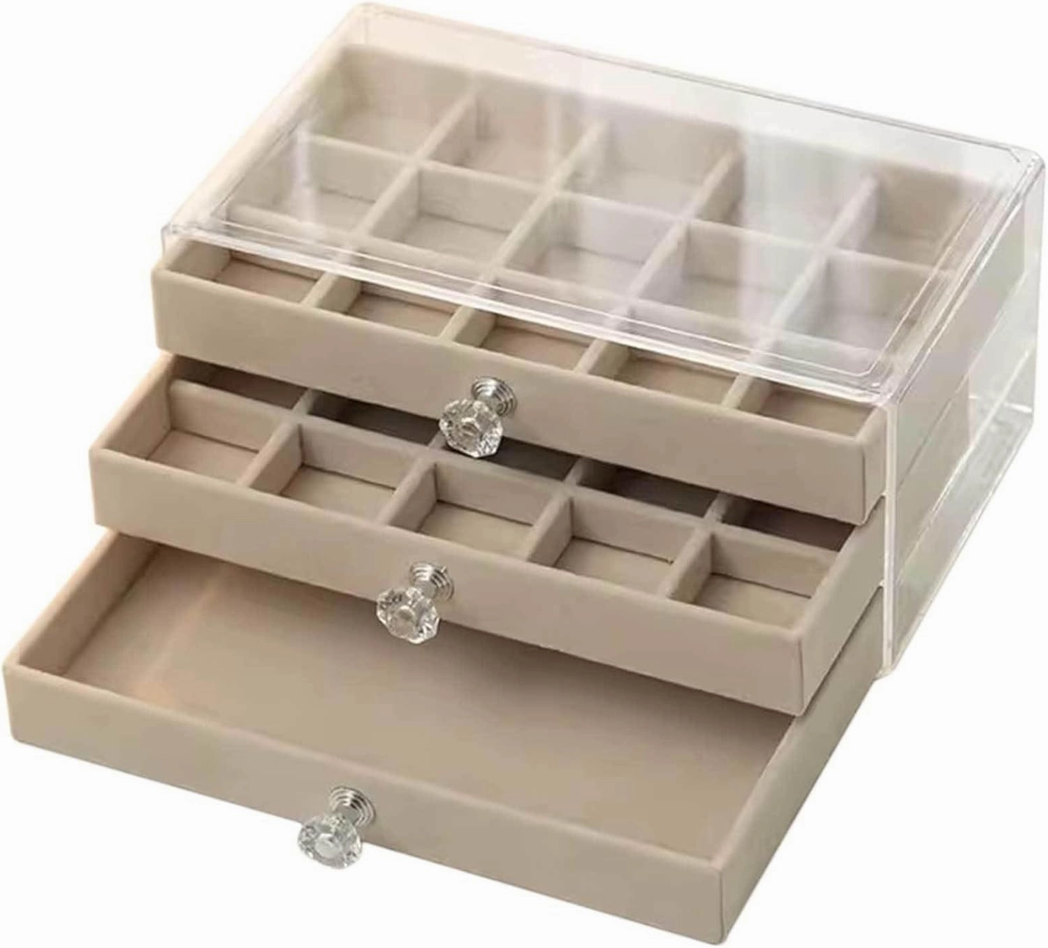 Jewelry Box, Jewelry Box with 3 Drawers 3 Layers Clear Plastic Jewelry Case with Velvet Lining for Women Portable Jewellery Storage Holder Display for Ring Earrings Necklace Bracelet Bangle Watch Gre