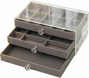 Jewelry Box, Jewelry Box with 3 Drawers 3 Layers Clear Plastic Jewelry Case with Velvet Lining for Women Portable Jewellery Storage Holder Display for Ring Earrings Necklace Bracelet Bangle Watch Gre