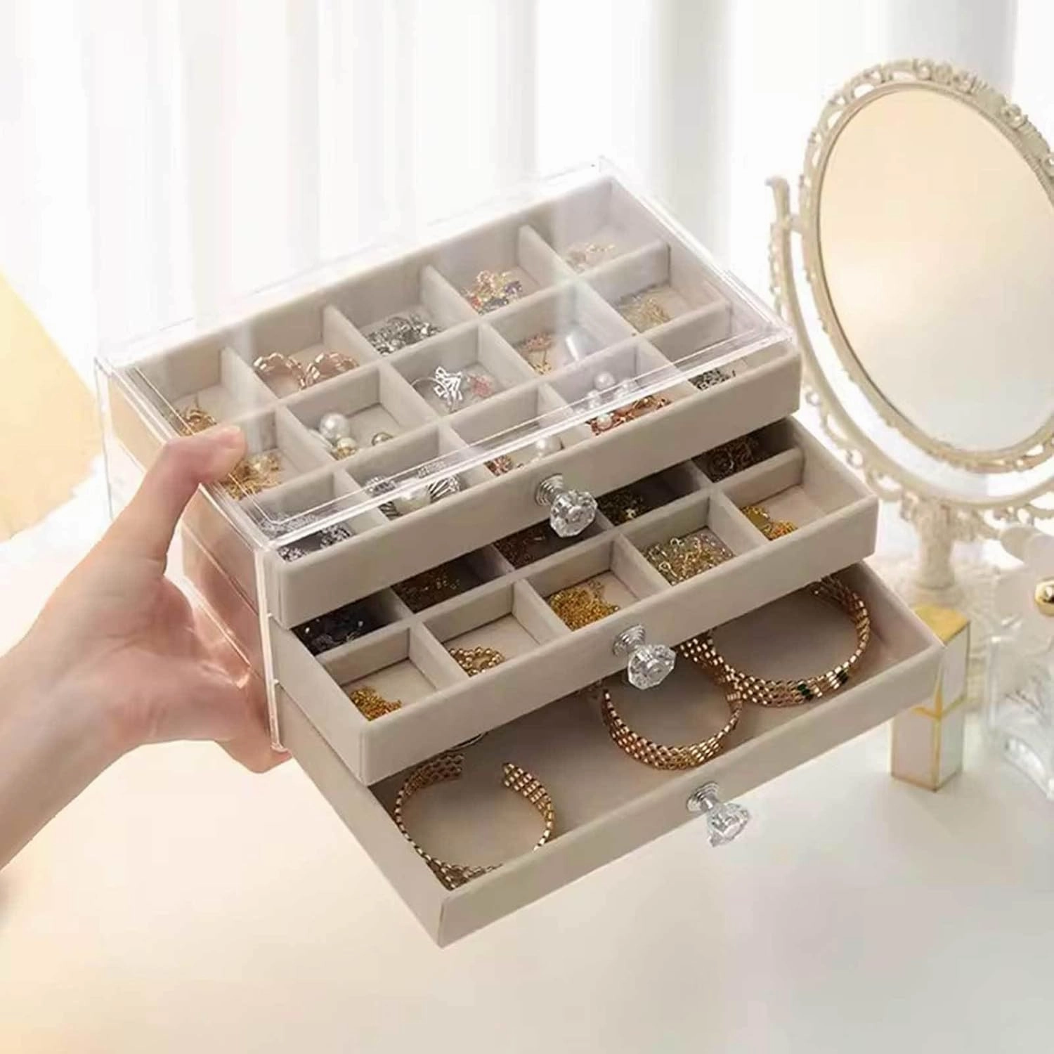 Jewelry Box, Jewelry Box with 3 Drawers 3 Layers Clear Plastic Jewelry Case with Velvet Lining for Women Portable Jewellery Storage Holder Display for Ring Earrings Necklace Bracelet Bangle Watch Gre