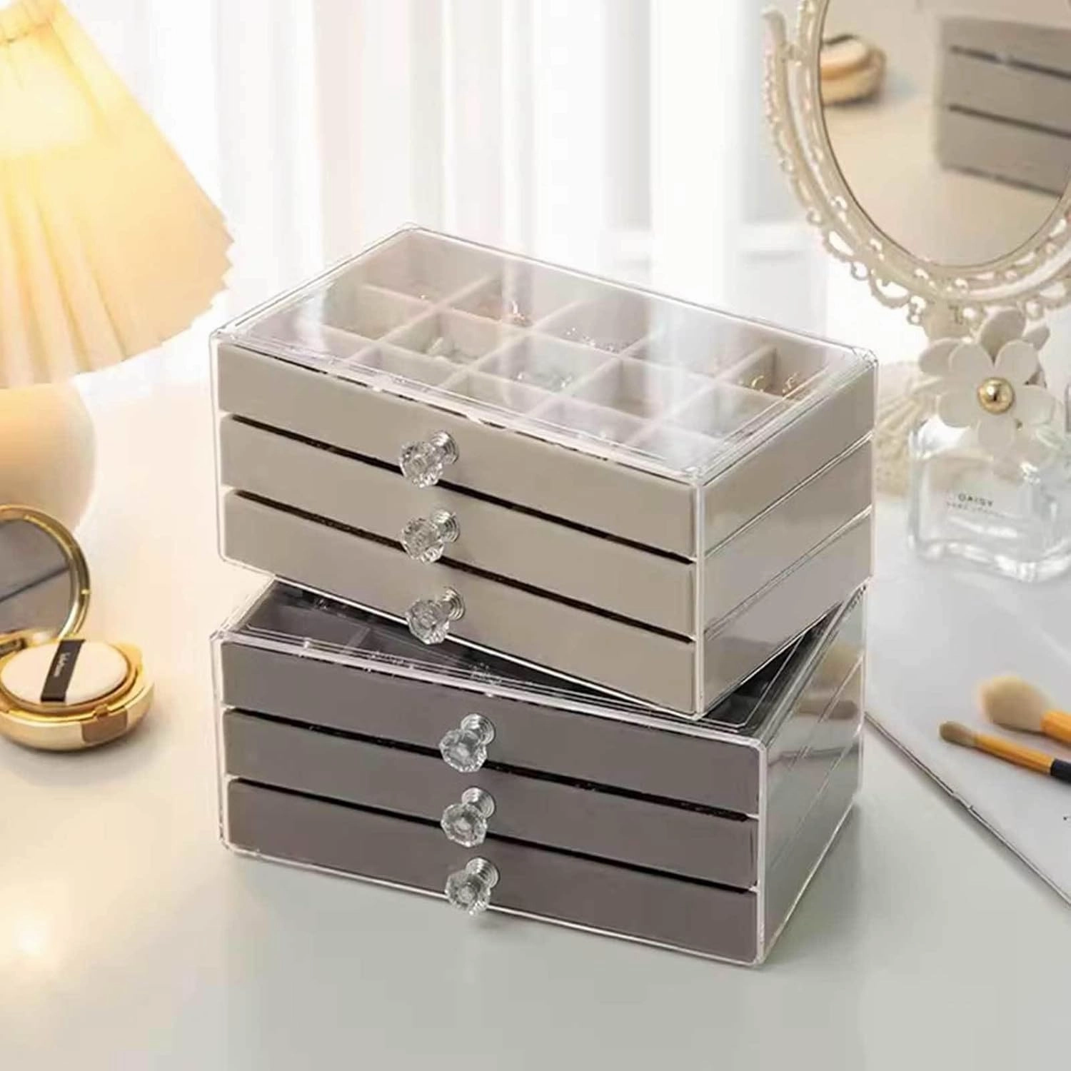 Jewelry Box, Jewelry Box with 3 Drawers 3 Layers Clear Plastic Jewelry Case with Velvet Lining for Women Portable Jewellery Storage Holder Display for Ring Earrings Necklace Bracelet Bangle Watch Gre