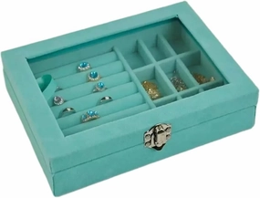 jewelry organizers and storage Velvet Jewelry Box 4 Colors Necklace Ring Storage Organizer Travel Jewelry Organizer with Top Glass Lid for Women Girls Gift(Blue flower)