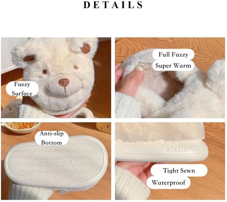 JHTPSLR Kawaii Cute Bear House Slippers - Women & Girls Winter Warm Indoor Fuzzy Slippers