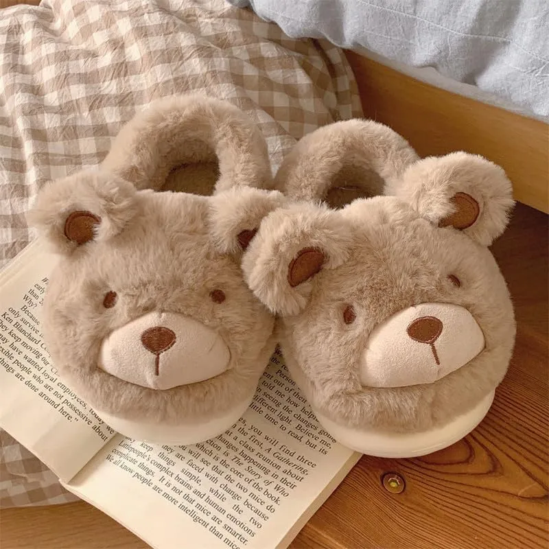 JHTPSLR Kawaii Cute Bear House Slippers - Women & Girls Winter Warm Indoor Fuzzy Slippers