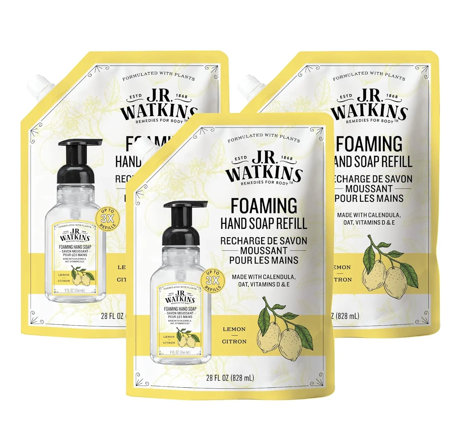 J.R. Watkins Foaming Hand Soap Refill, Moisturizing Foam Hand Wash, All Natural, Alcohol-Free, Cruelty-Free, USA Made, Lemon, 28 fl oz, 3 Pack