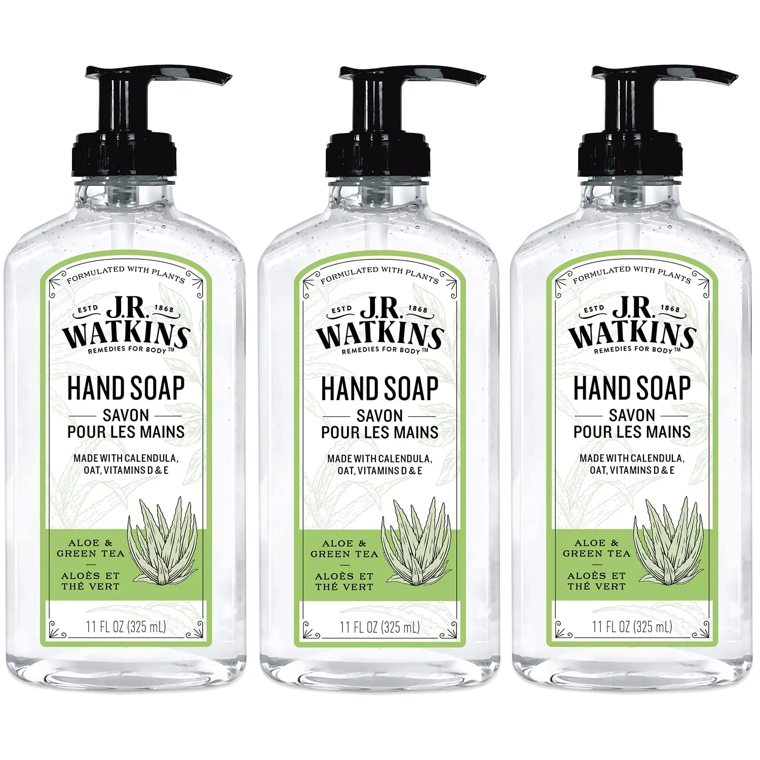 J.R. Watkins Liquid Hand Soap With Dispenser, Moisturizing Hand Soap, Alcohol-Free, Cruelty-Free, Use For Bathroom or Kitchen, Aloe & Green Tea, 11 Fl Oz, 3 Pack