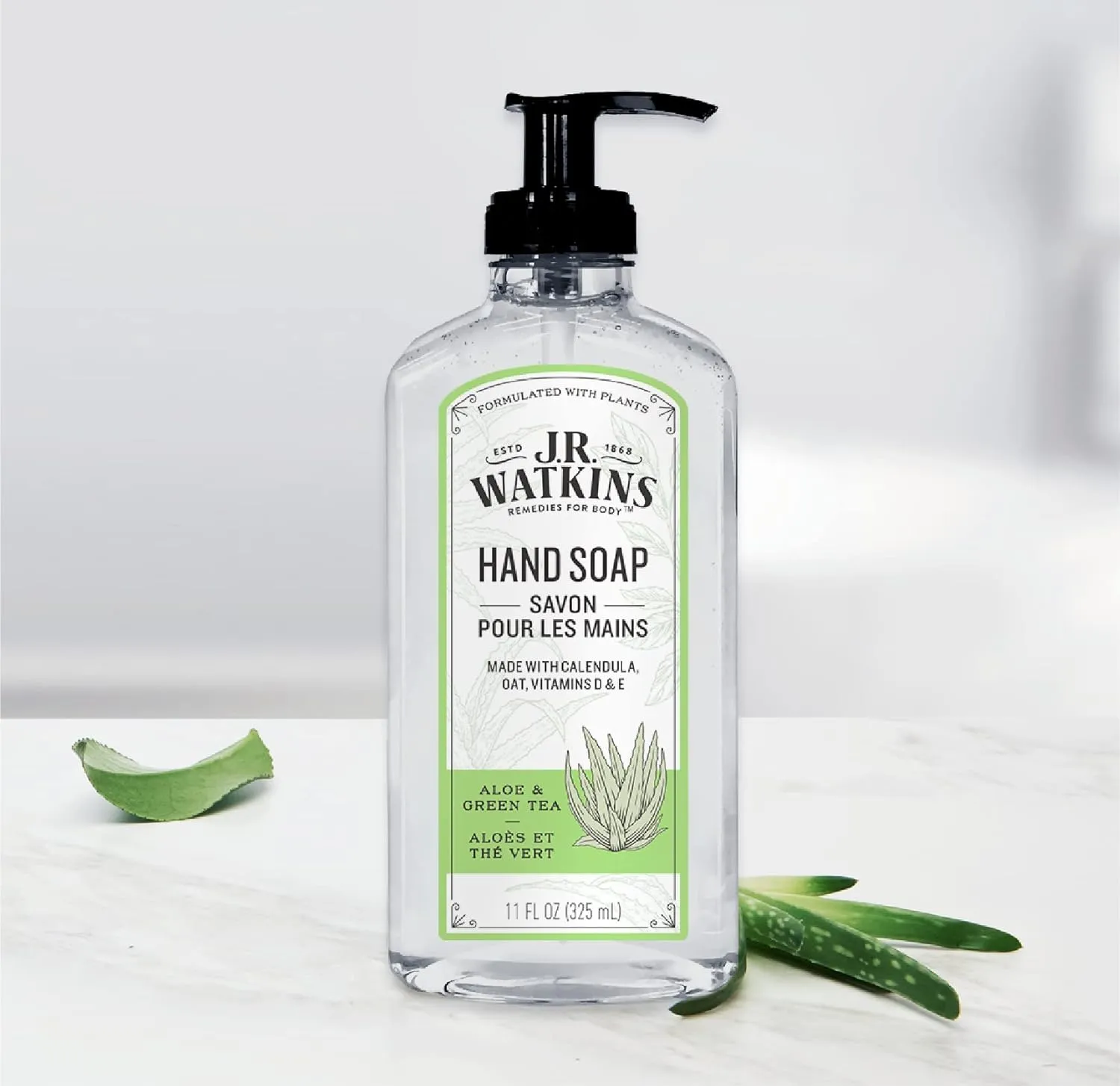 J.R. Watkins Liquid Hand Soap With Dispenser, Moisturizing Hand Soap, Alcohol-Free, Cruelty-Free, Use For Bathroom or Kitchen, Aloe & Green Tea, 11 Fl Oz, 3 Pack