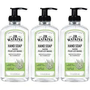 J.R. Watkins Liquid Hand Soap With Dispenser, Moisturizing Hand Soap, Alcohol-Free, Cruelty-Free, Use For Bathroom or Kitchen, Aloe & Green Tea, 11 Fl Oz, 3 Pack