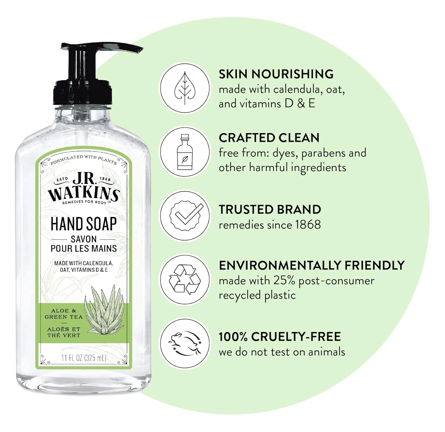 J.R. Watkins Liquid Hand Soap With Dispenser, Moisturizing Hand Soap, Alcohol-Free, Cruelty-Free, Use For Bathroom or Kitchen, Aloe & Green Tea, 11 Fl Oz, 3 Pack