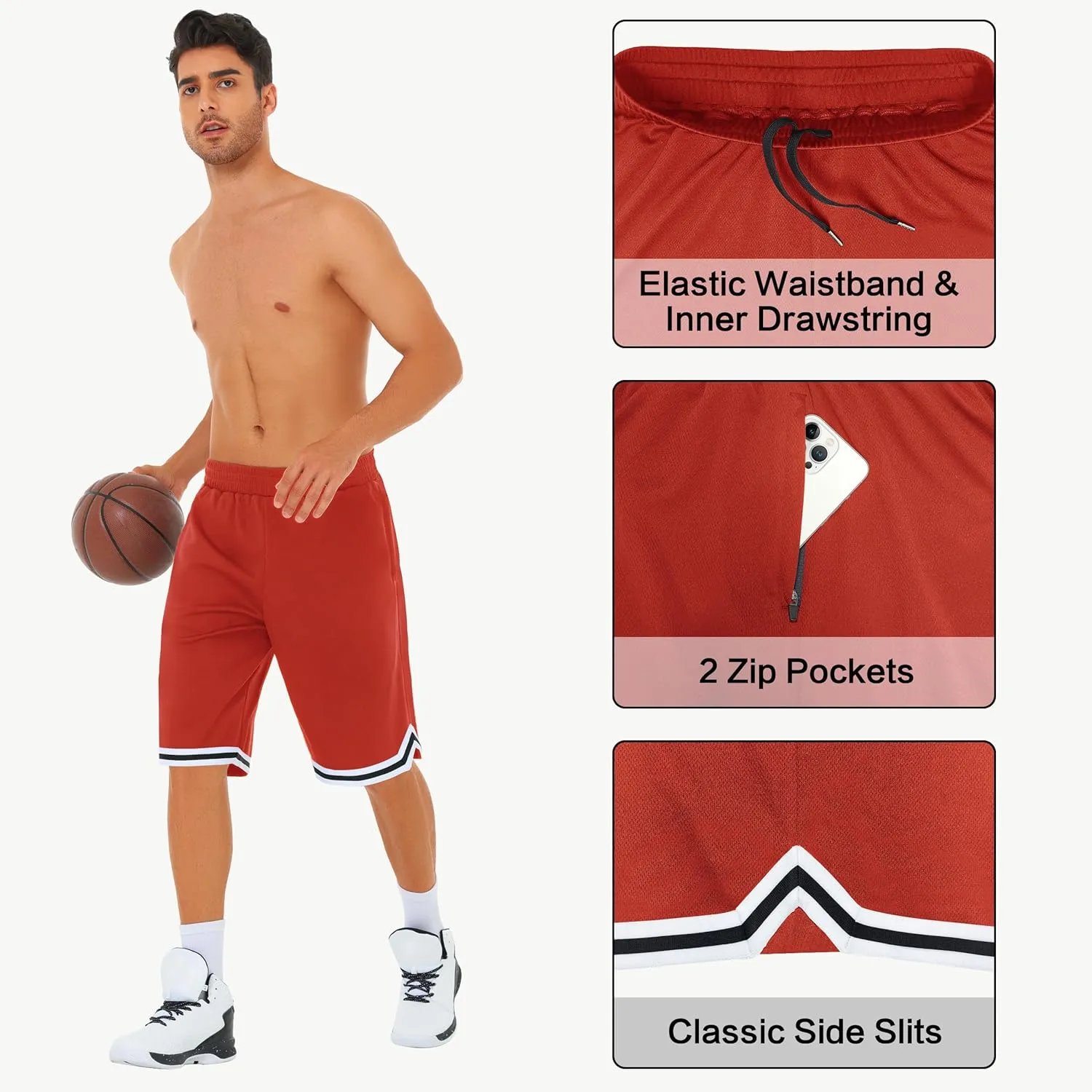 JWM Mens Long Basketball Shorts with Zip Pockets - 11" Mesh Athletic Gym Workout Sport Shorts Quick Dry Lightweight