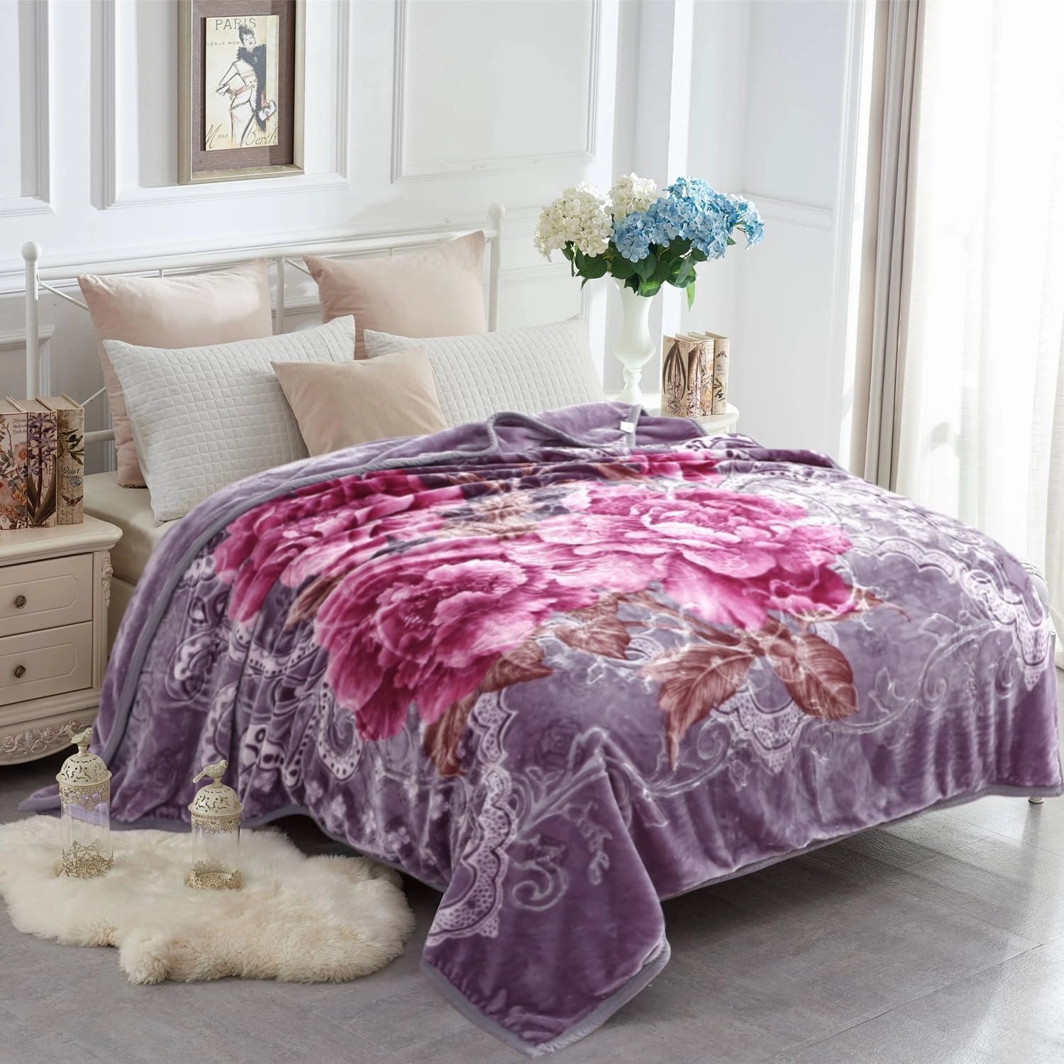 JYK Soft Blanket Queen Size Korean Mink Blanke, 5 LB Fleece Bed Blanket - 2 Ply Reversible 520GSM Silky Soft Plush Warm Blanket for Autumn Winter (Queen 75"x87", Peony/Peony)