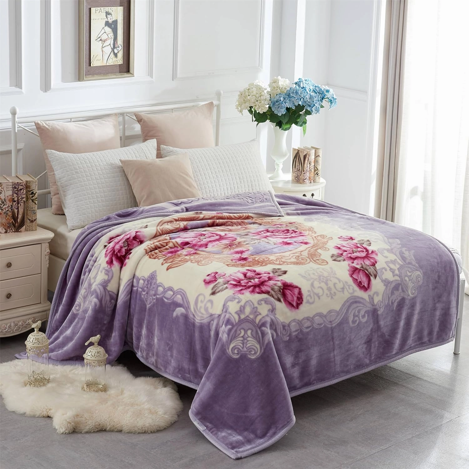 JYK Soft Blanket Queen Size Korean Mink Blanke, 5 LB Fleece Bed Blanket - 2 Ply Reversible 520GSM Silky Soft Plush Warm Blanket for Autumn Winter (Queen 75"x87", Peony/Peony)