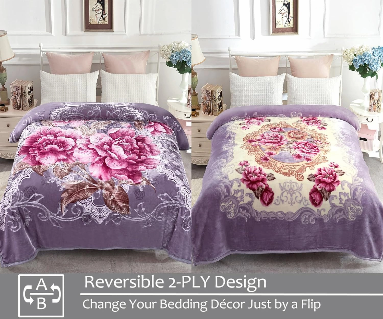 JYK Soft Blanket Queen Size Korean Mink Blanke, 5 LB Fleece Bed Blanket - 2 Ply Reversible 520GSM Silky Soft Plush Warm Blanket for Autumn Winter (Queen 75"x87", Peony/Peony)