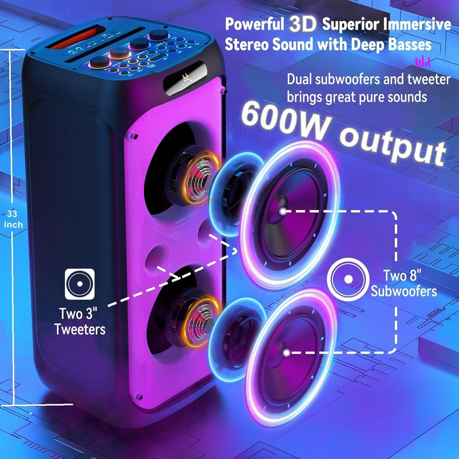 Karaoke Machine for Adults: 600W Big Party Speaker with PA System & Dual 8" Subwoofers, Speaker with 2 Microphones, Treble/Bass Adjustment, DJ Lights/Remote Control for Home Party Outdoor