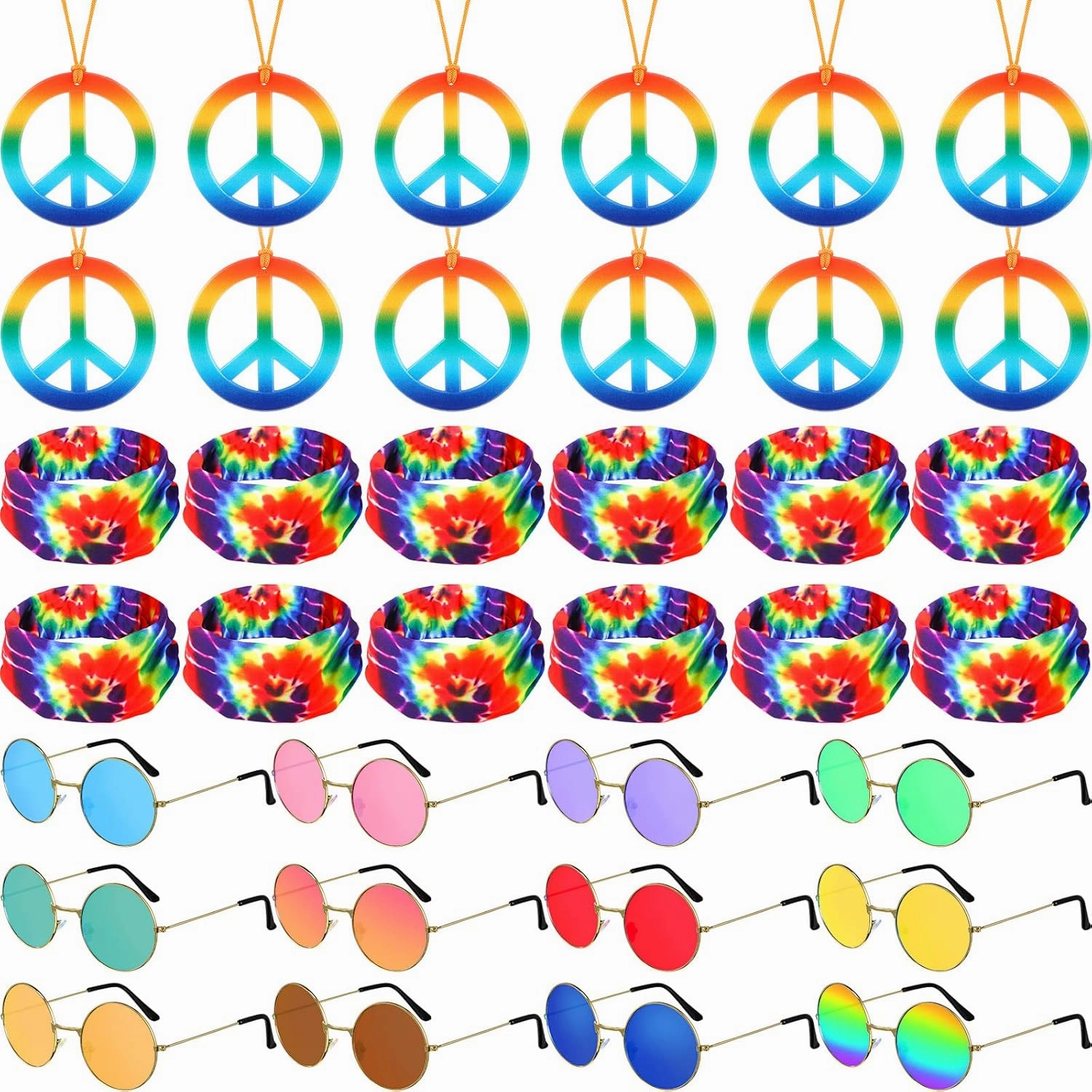 Kenning 36Pcs Hippie Accessories 12 Peace Sign Necklace 12 Tie Dye Hippie Headband 12 Hippie Glasses Rainbow Color Hippie Costume Set