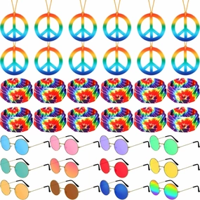 Kenning 36Pcs Hippie Accessories 12 Peace Sign Necklace 12 Tie Dye Hippie Headband 12 Hippie Glasses Rainbow Color Hippie Costume Set