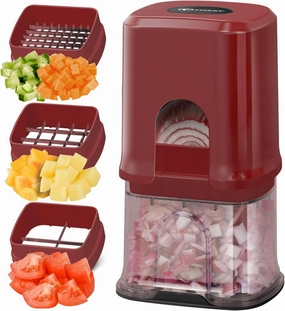 KEOUKE Vegetable Chopper 3 Interchangeable Blades Onion Chopper Multi-functional Potato French Fry Cutter Manual Vegetable Cutter Dicer for Cucumber, Tomato, Carrot with Container & Storage Box, Red