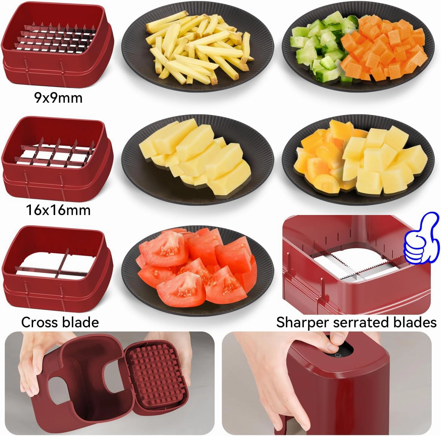 KEOUKE Vegetable Chopper 3 Interchangeable Blades Onion Chopper Multi-functional Potato French Fry Cutter Manual Vegetable Cutter Dicer for Cucumber, Tomato, Carrot with Container & Storage Box, Red
