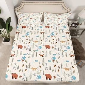 Kids Bear Fox Fitted Sheet Twin Size Cartoon Rabbit Pine Trees Bedding Set 2Pcs,Girls Boys Teens Jungle Adventure Hunt Animals Bed Sheet Room Decor Rustic Beige Deep Pocket Sheet,1 Pillowcase