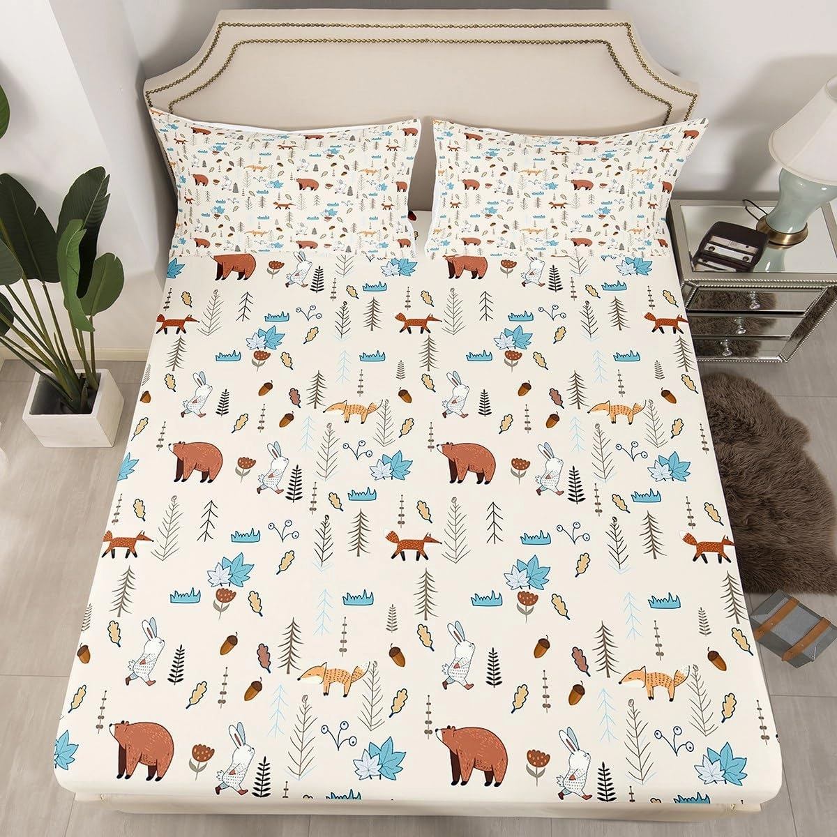 Kids Bear Fox Fitted Sheet Twin Size Cartoon Rabbit Pine Trees Bedding Set 2Pcs,Girls Boys Teens Jungle Adventure Hunt Animals Bed Sheet Room Decor Rustic Beige Deep Pocket Sheet,1 Pillowcase