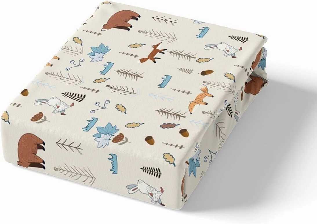 Kids Bear Fox Fitted Sheet Twin Size Cartoon Rabbit Pine Trees Bedding Set 2Pcs,Girls Boys Teens Jungle Adventure Hunt Animals Bed Sheet Room Decor Rustic Beige Deep Pocket Sheet,1 Pillowcase