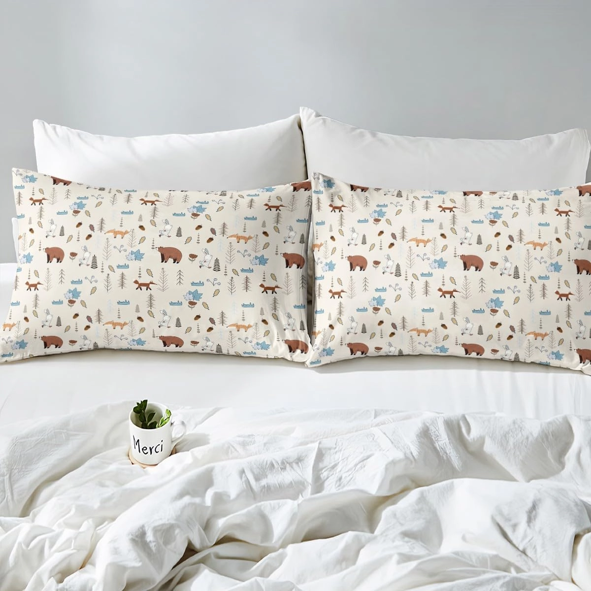 Kids Bear Fox Fitted Sheet Twin Size Cartoon Rabbit Pine Trees Bedding Set 2Pcs,Girls Boys Teens Jungle Adventure Hunt Animals Bed Sheet Room Decor Rustic Beige Deep Pocket Sheet,1 Pillowcase