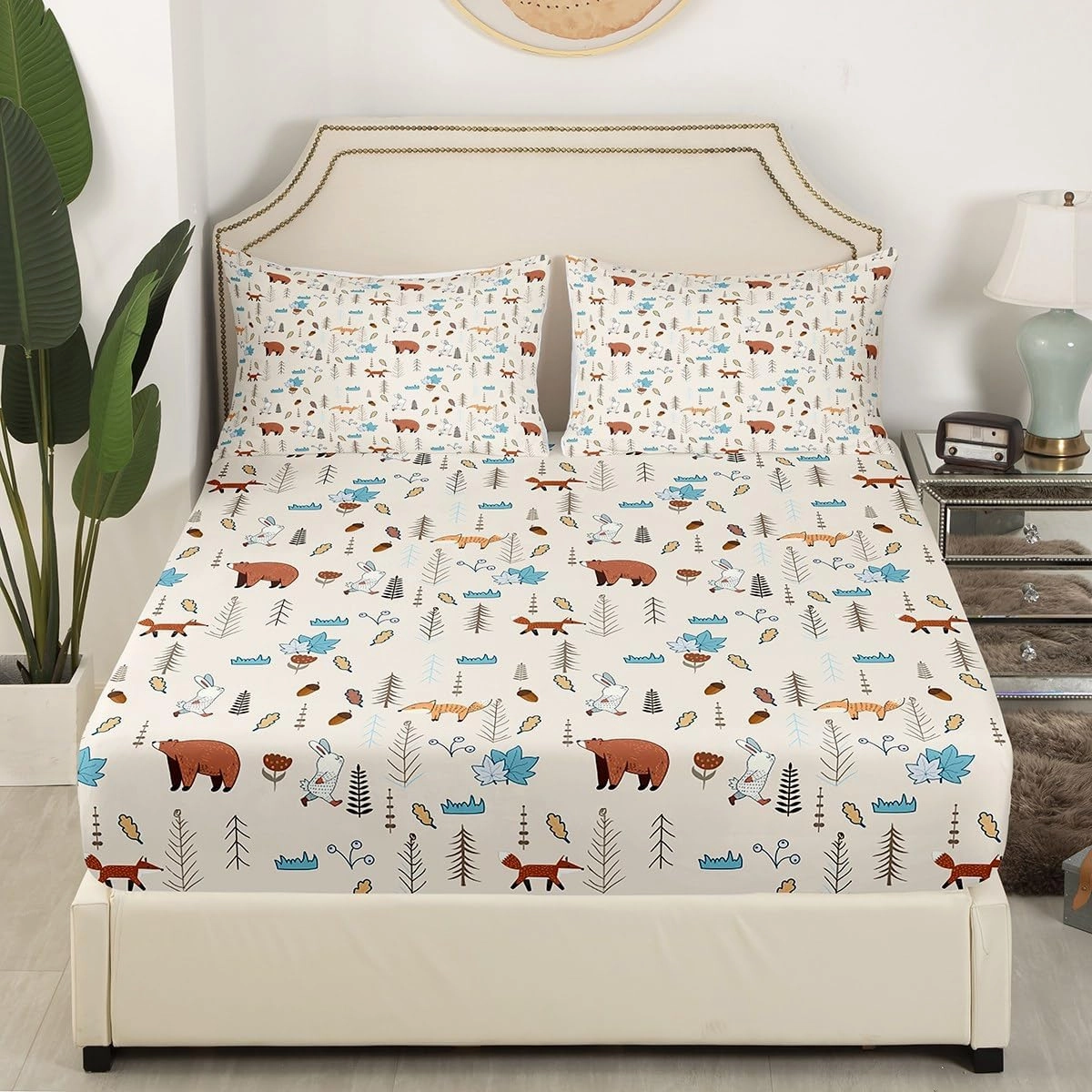 Kids Bear Fox Fitted Sheet Twin Size Cartoon Rabbit Pine Trees Bedding Set 2Pcs,Girls Boys Teens Jungle Adventure Hunt Animals Bed Sheet Room Decor Rustic Beige Deep Pocket Sheet,1 Pillowcase