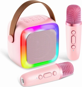 Kids Karaoke Machine for Adults, Mini Portable Karaoke Bluetooth Speaker with 2 Wireless Microphones, Birthday Gifts Toys for Teen Girls Ages 4, 5, 6, 7, 8, 9, 10, 12  Year Old (Pink)