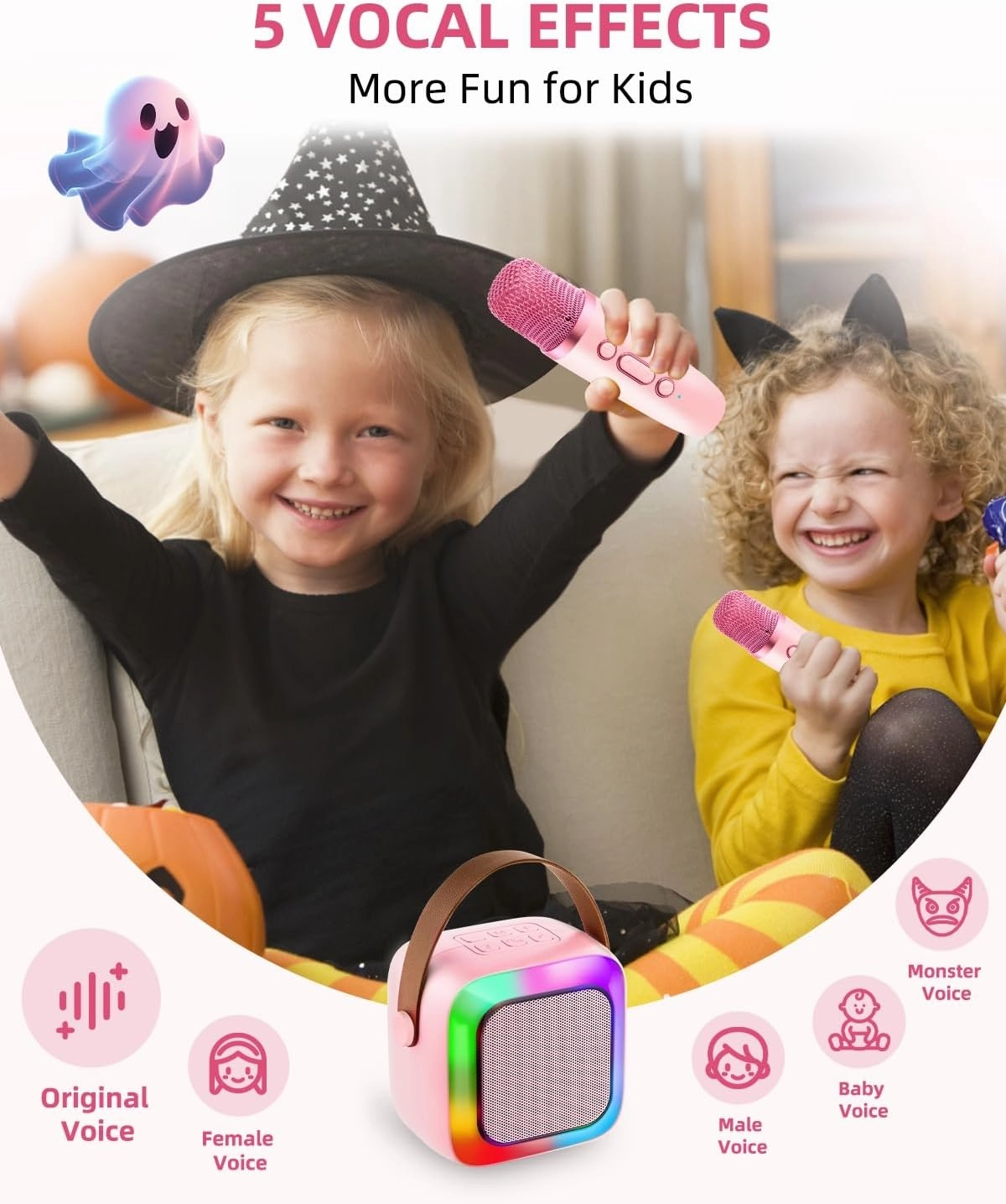 Kids Karaoke Machine for Adults, Mini Portable Karaoke Bluetooth Speaker with 2 Wireless Microphones, Birthday Gifts Toys for Teen Girls Ages 4, 5, 6, 7, 8, 9, 10, 12  Year Old (Pink)