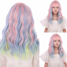 Kids Rainbow Wig Girls Short Colorful Wig with Air Bangs Multi-color Wavy Curly Hair for Children Heat Resistant Synthetic Hair with Cap