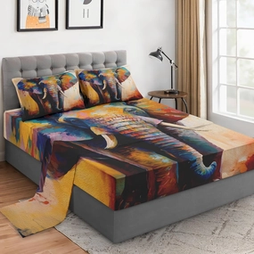 King Size 4 Pcs Bed Fitted Sheet Set with 14" Deep Pocket, Painting Colorful Elephant Flat Sheet Set for Kids and Adults, Wildlife Animal Bedding with 2 Pillowcases for Bedroom Decor