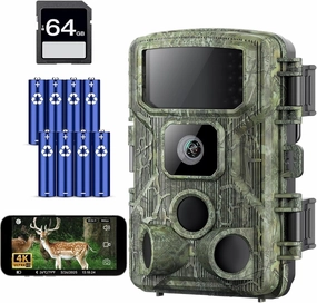 KJK Trail Camera,WiFi Trail Cam 4K 64MP Game Camera 64GB Memory Card 8 Batteries with Night Vision, IP67 Waterproof, 0.05s Trigger Speed and130°Wide-Angle 45pcs Infrared LEDs for Wildlife Monitoring