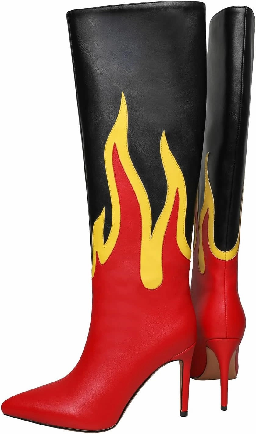 Kluolandi Women's Pointed Toe Stiletto Knee High Boots Flame Pattern Pull On Tall Boots with Heel Dress Shoes