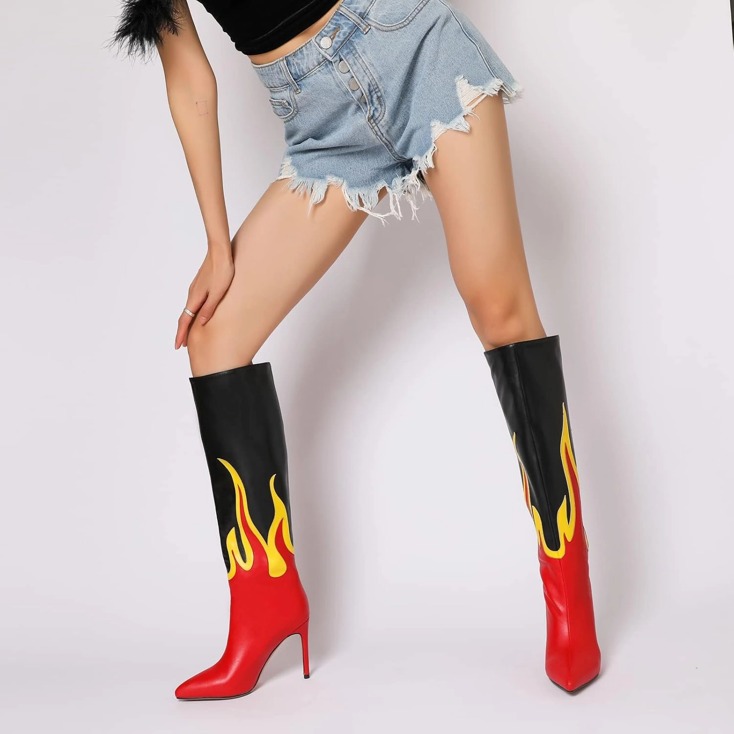 Kluolandi Women's Pointed Toe Stiletto Knee High Boots Flame Pattern Pull On Tall Boots with Heel Dress Shoes