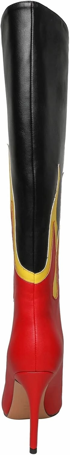 Kluolandi Women's Pointed Toe Stiletto Knee High Boots Flame Pattern Pull On Tall Boots with Heel Dress Shoes