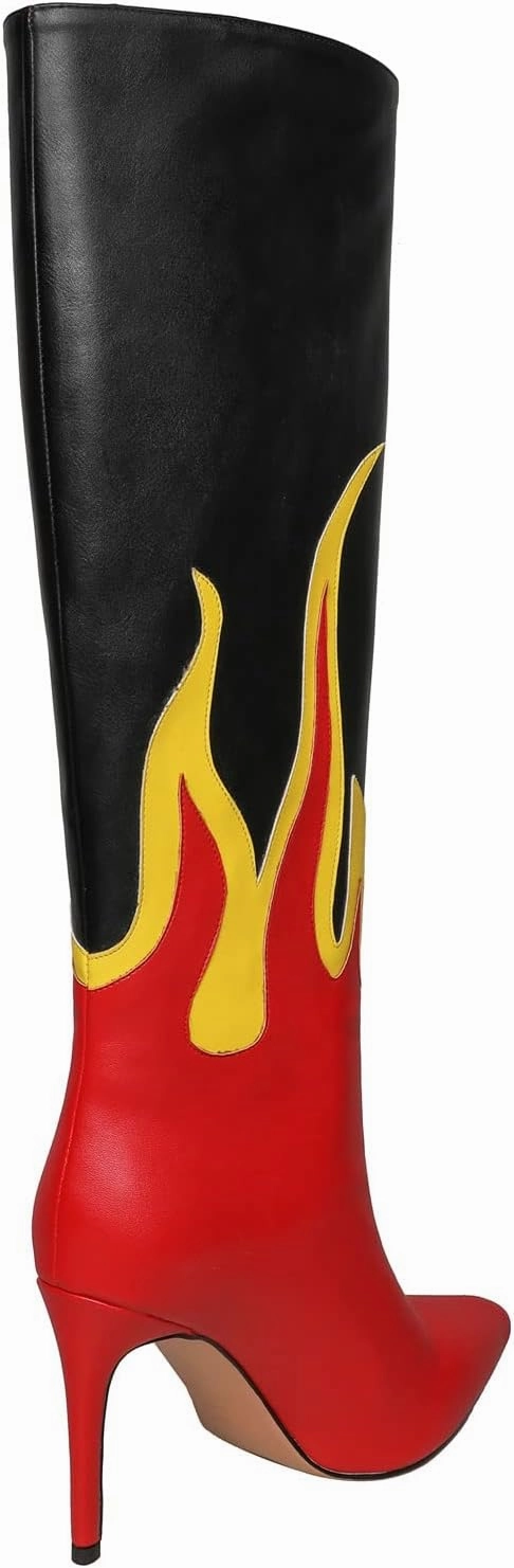 Kluolandi Women's Pointed Toe Stiletto Knee High Boots Flame Pattern Pull On Tall Boots with Heel Dress Shoes