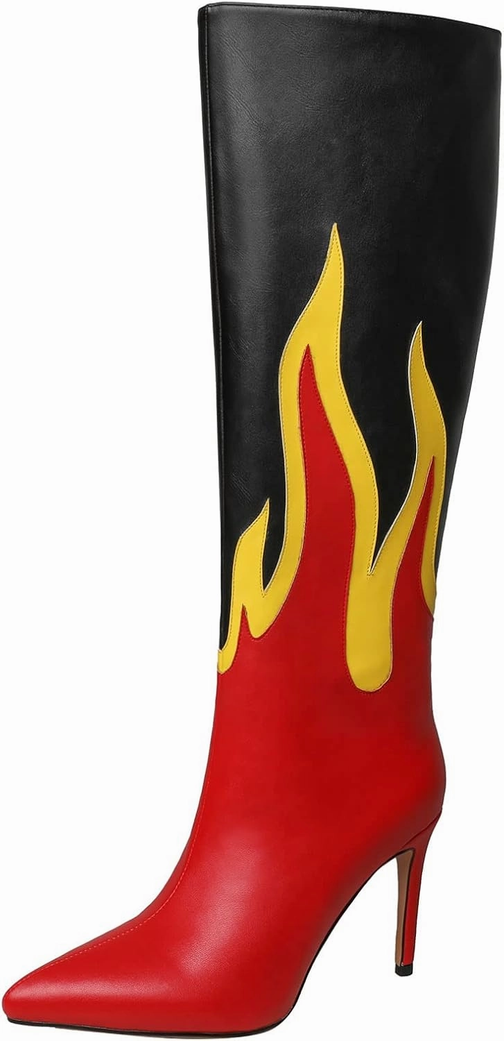 Kluolandi Women's Pointed Toe Stiletto Knee High Boots Flame Pattern Pull On Tall Boots with Heel Dress Shoes