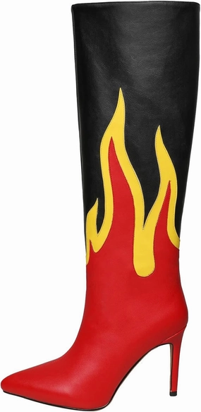 Kluolandi Women's Pointed Toe Stiletto Knee High Boots Flame Pattern Pull On Tall Boots with Heel Dress Shoes