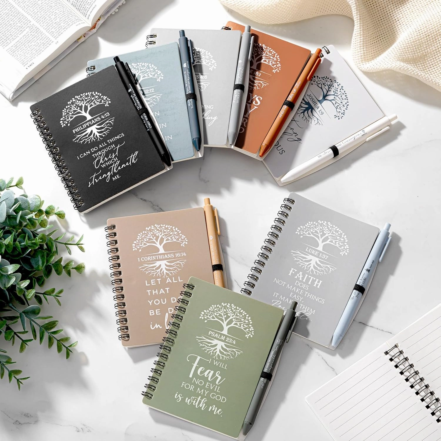 Kosiz 100 Pcs Fathers Day Christian Gift Bulk Prayer Journal Bible Verse Spiral Notebook with Christian Ballpoint Tree of Life Religious Church Gift for Women Men Sunday School (Boho Color)