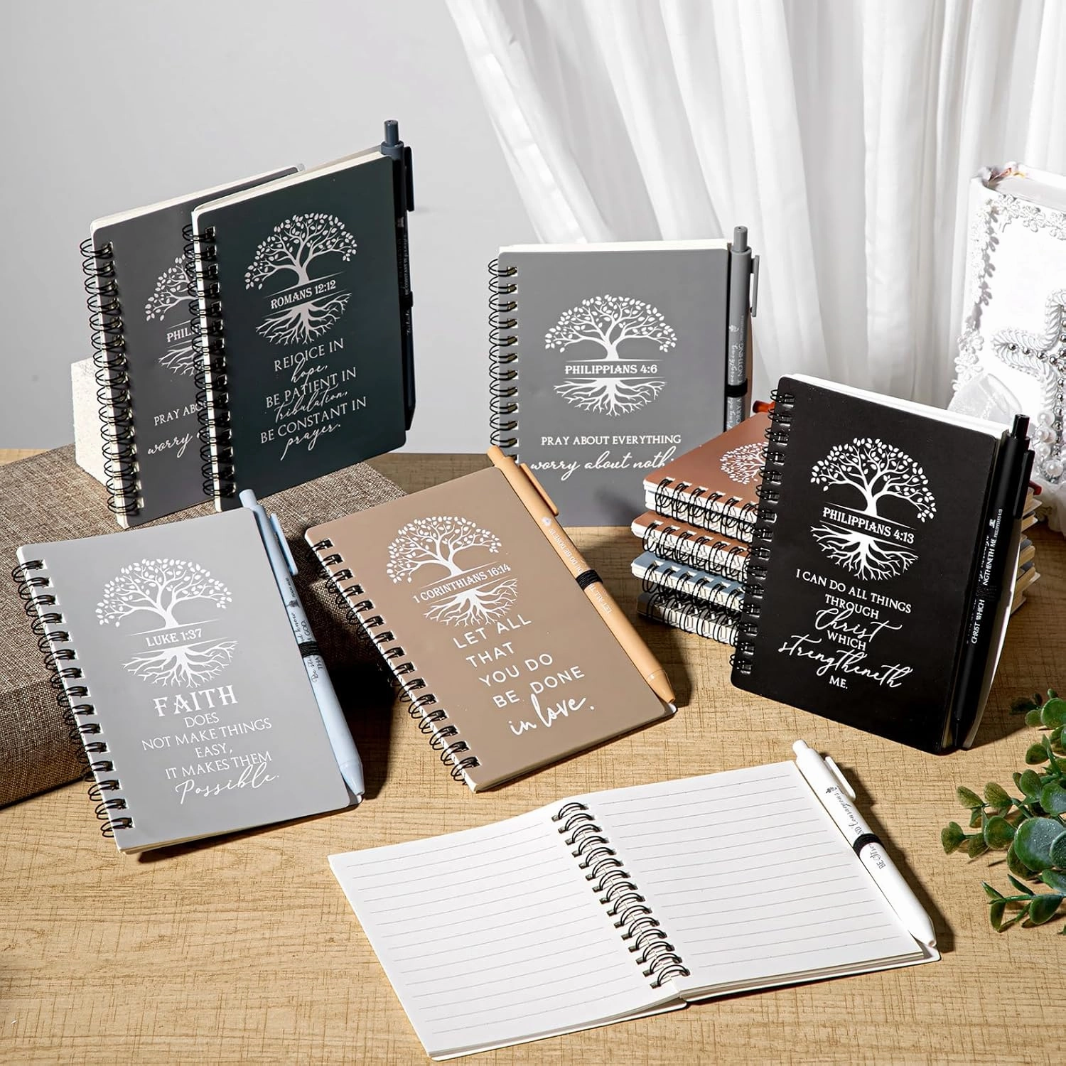 Kosiz 100 Pcs Fathers Day Christian Gift Bulk Prayer Journal Bible Verse Spiral Notebook with Christian Ballpoint Tree of Life Religious Church Gift for Women Men Sunday School (Boho Color)