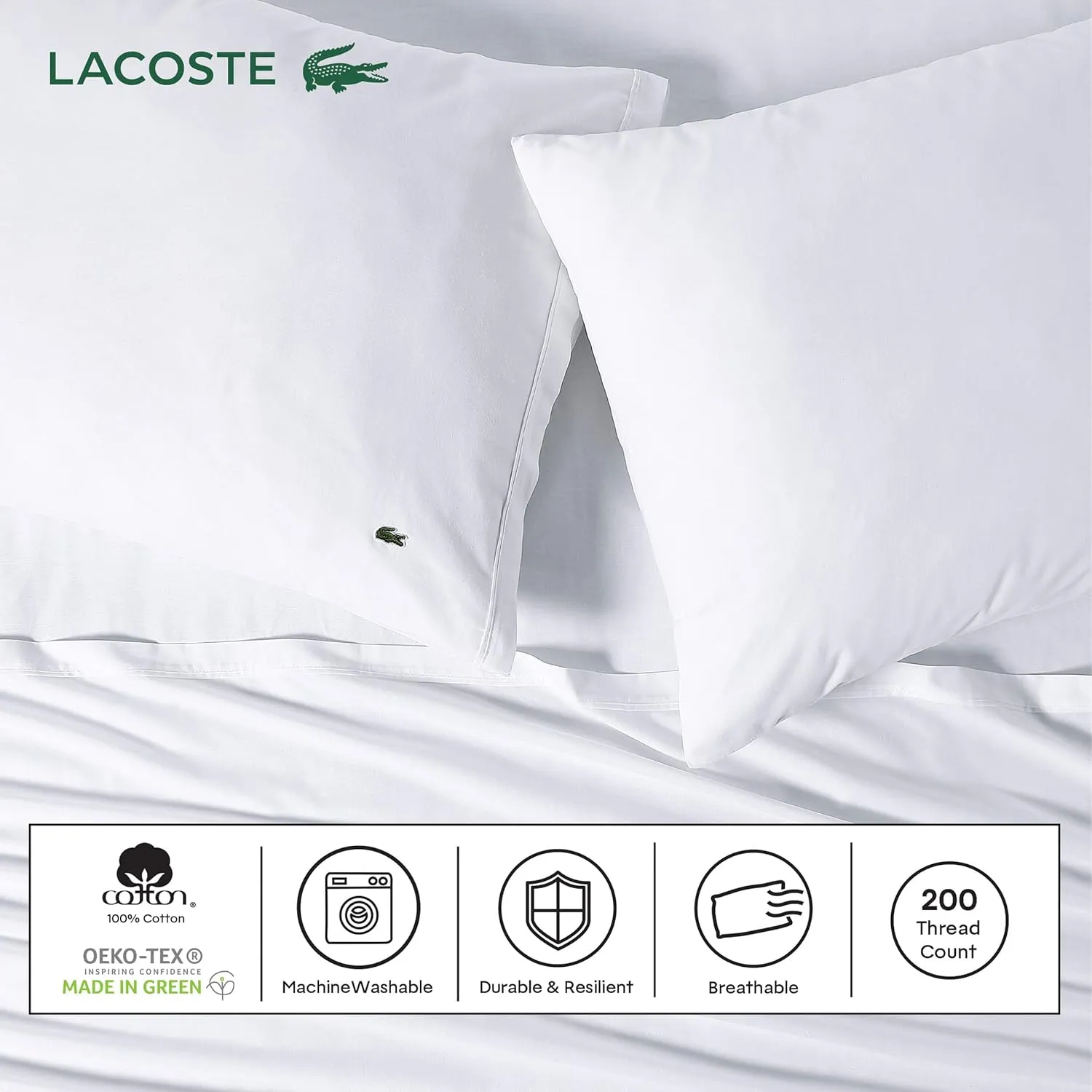 Lacoste 100% Cotton Percale Solid Sheet Set, Vintage Indigo, Standard King