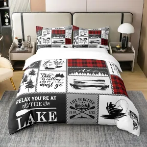Lake Paddle Cotton Duvet Cover,Outdoor Jungle Camping Boating Rustic Style Breathable Comforter Cover (Not Comforter),Retro Red Checker Splicing Geometry Comforter Cover 2 Pcs with 1 Pillowcase Queen