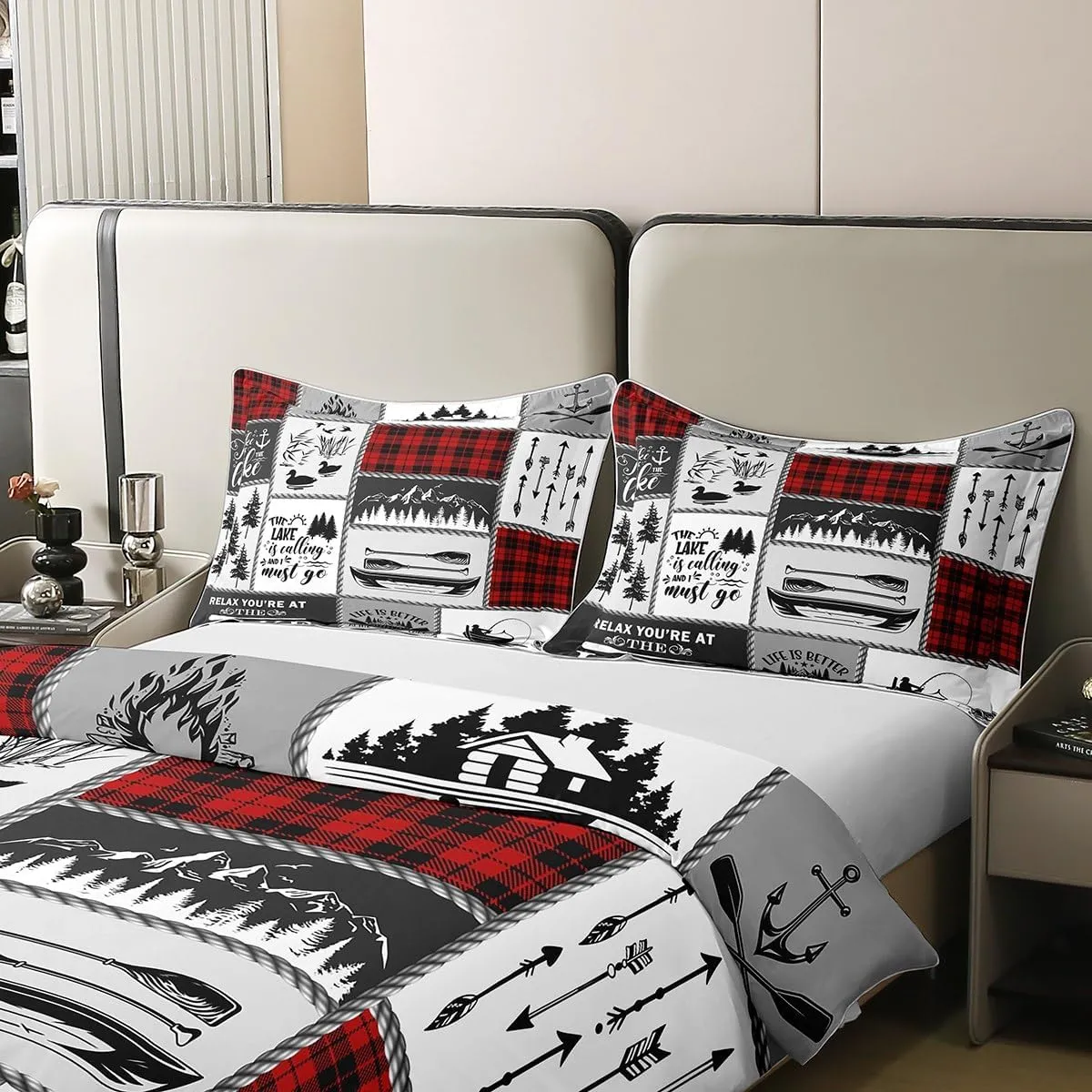Lake Paddle Cotton Duvet Cover,Outdoor Jungle Camping Boating Rustic Style Breathable Comforter Cover (Not Comforter),Retro Red Checker Splicing Geometry Comforter Cover 2 Pcs with 1 Pillowcase Queen